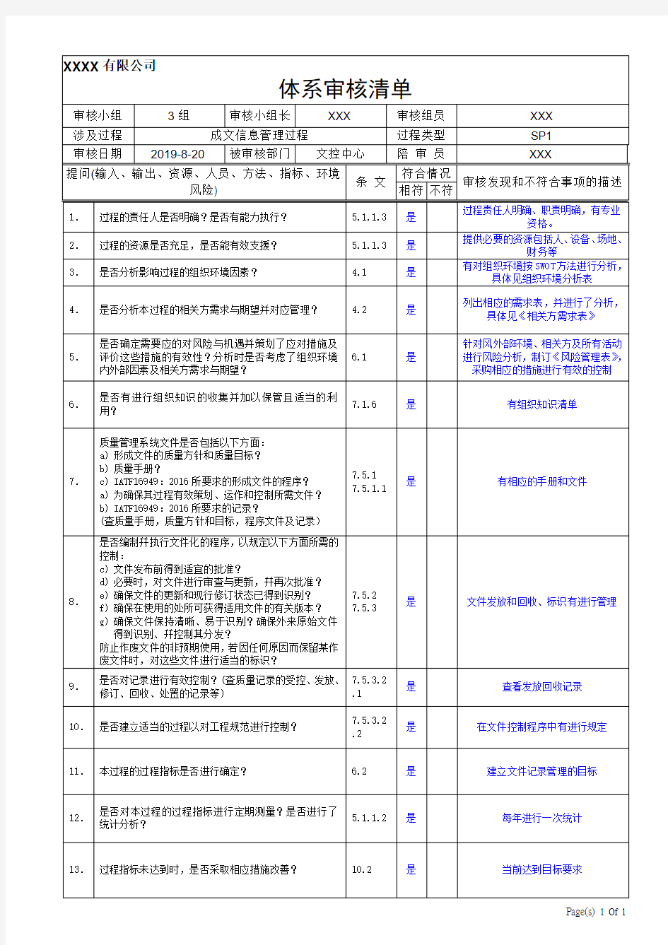 (IATF16949-2016内审检查表带记录)SP1成文信息管理过程