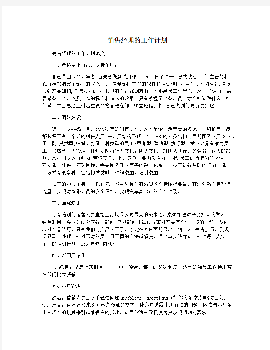 销售经理的工作计划