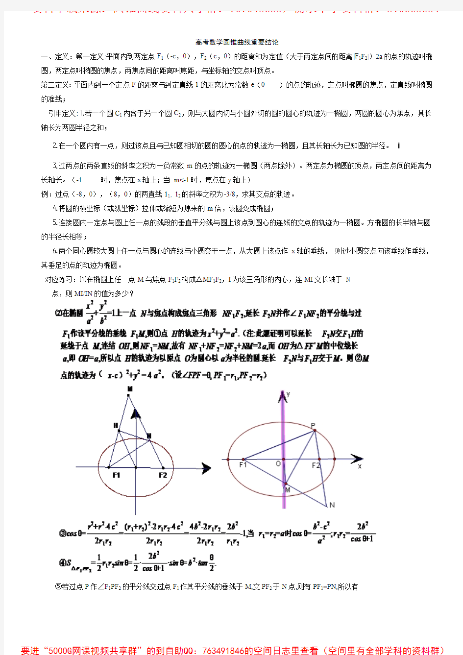 高考数学中圆锥曲线重要结论的最全总结概要