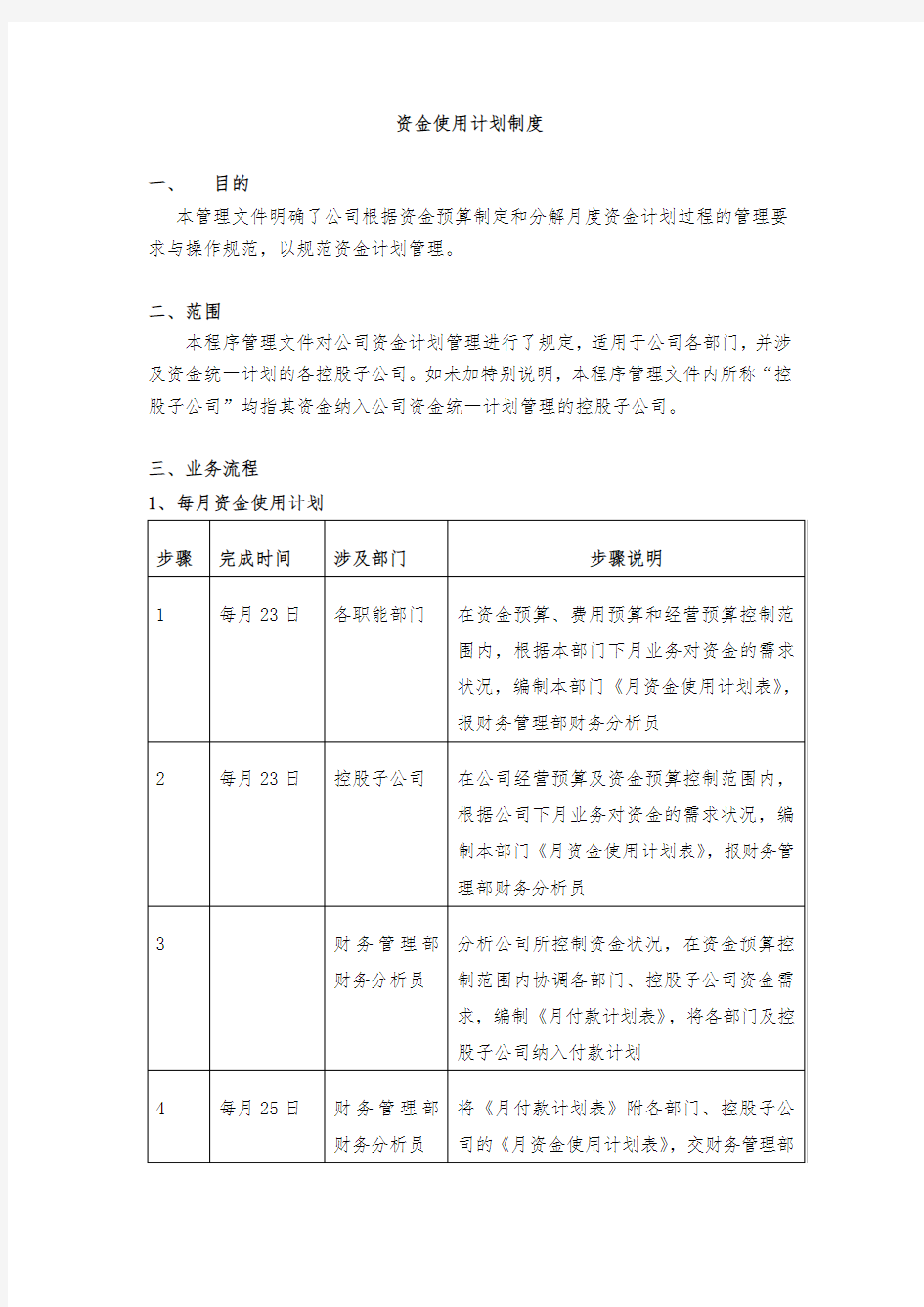 资金使用计划制度