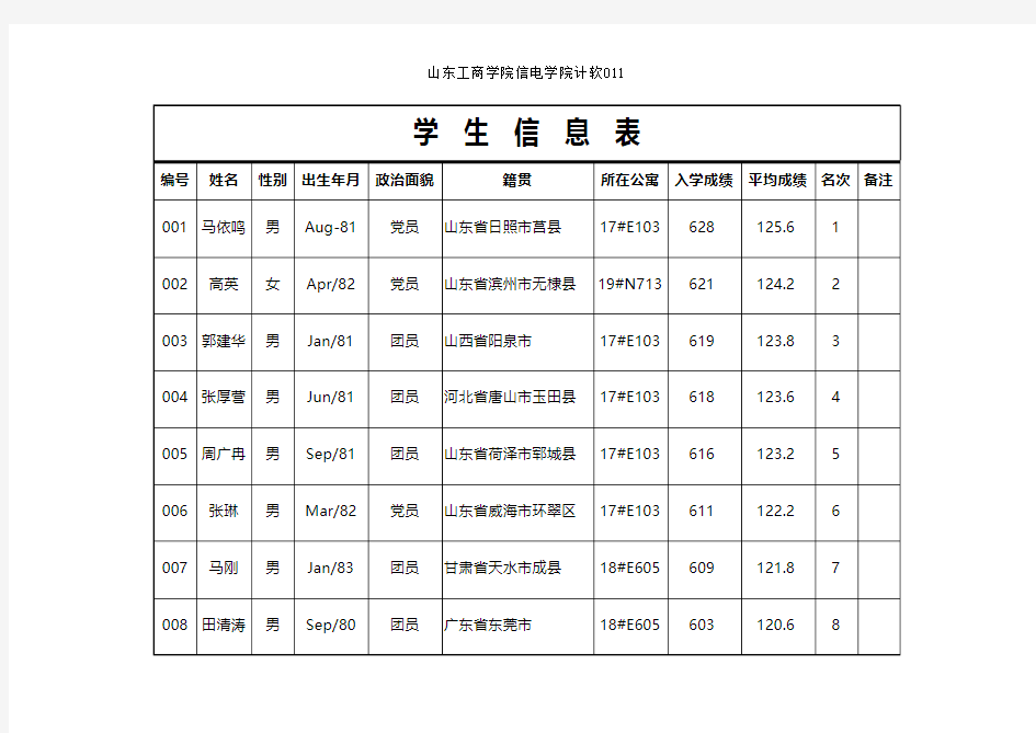 简约学生信息表excel表格