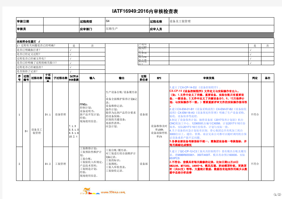 IATF16949设备及工装管理过程审核检查表
