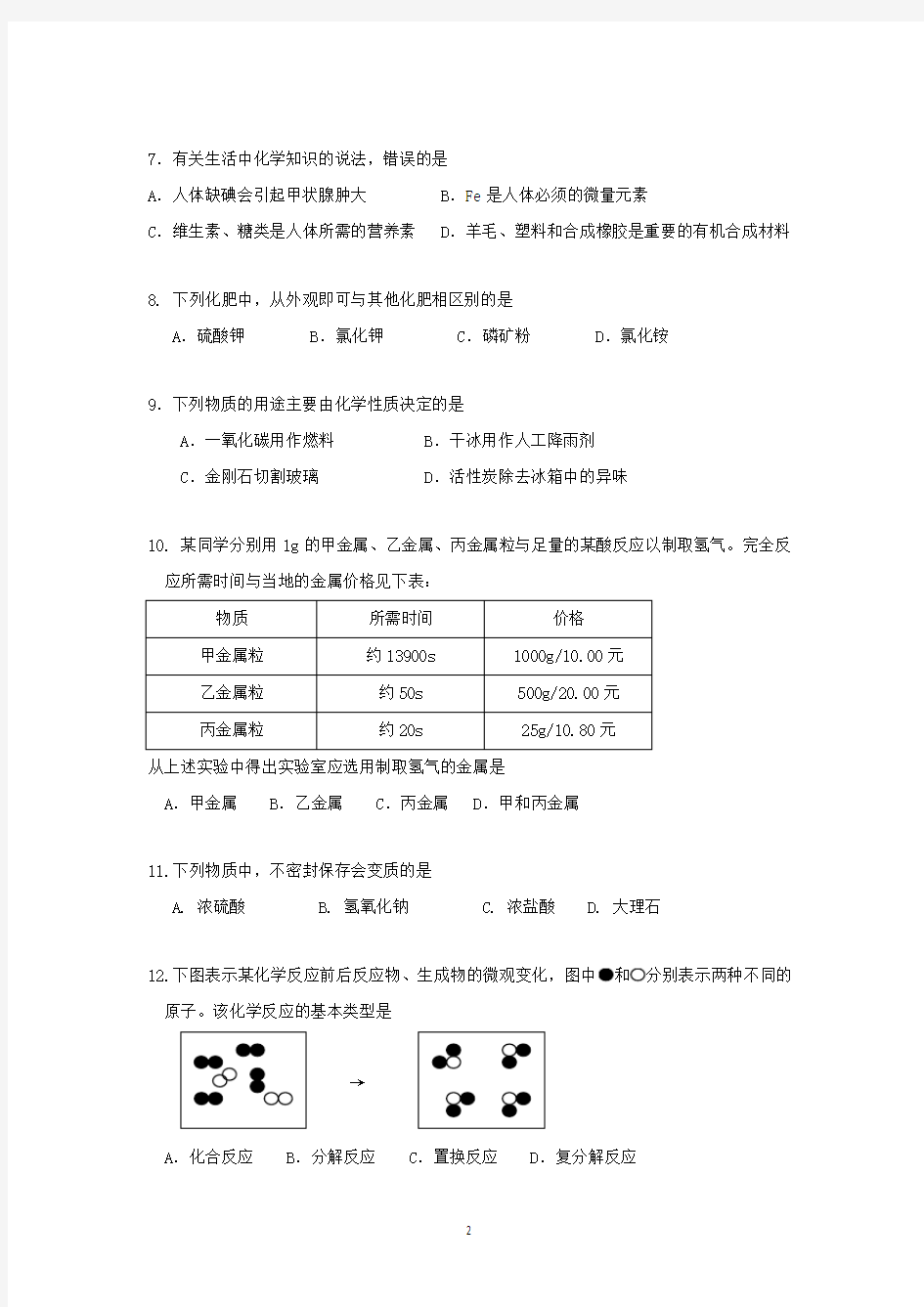 2019年广州市初三化学中考模拟试题