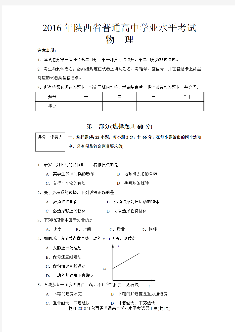 2016年陕西省普通高中学业水平考试物理试卷(高清答案解析)