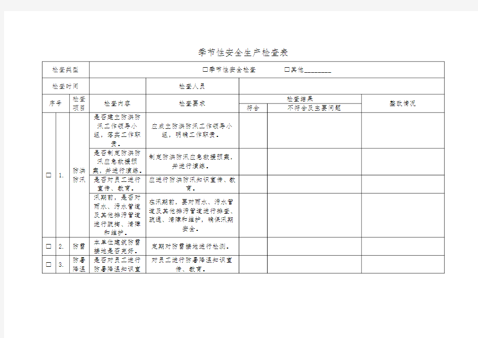 季节性安全生产检查表