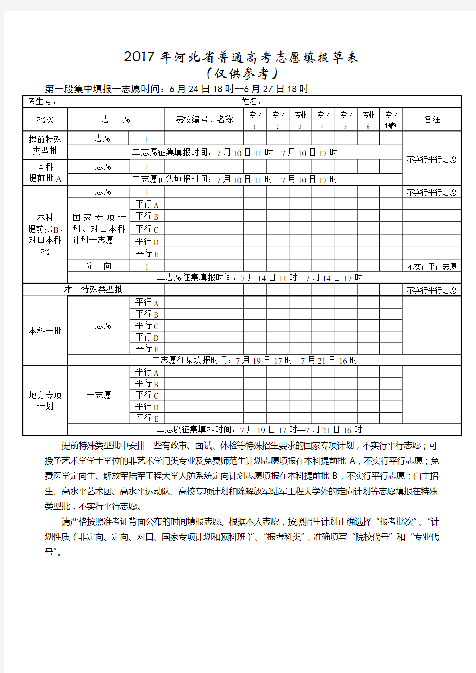 2018年高考志愿填报草表