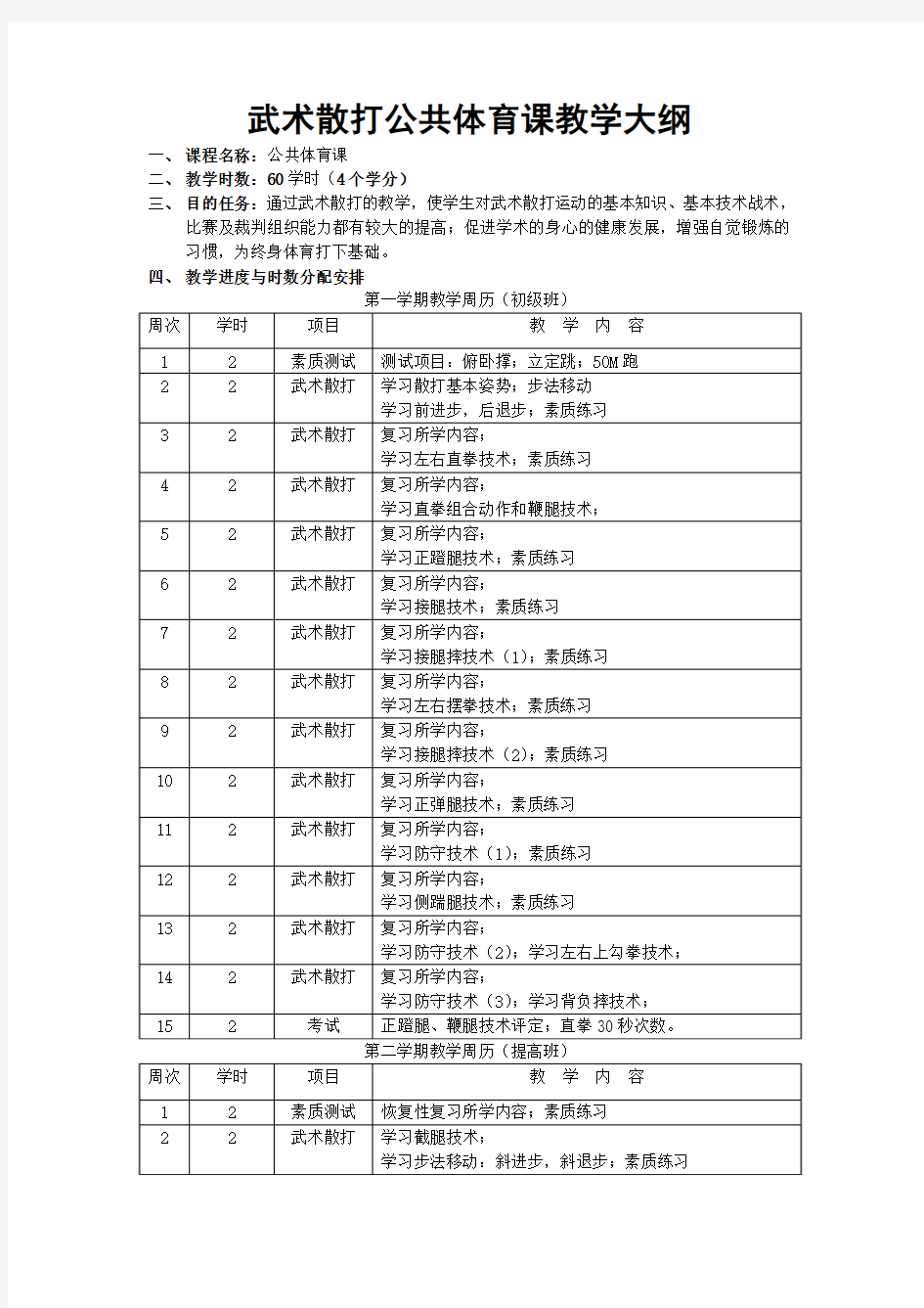 武术散打公共体育课教学大纲