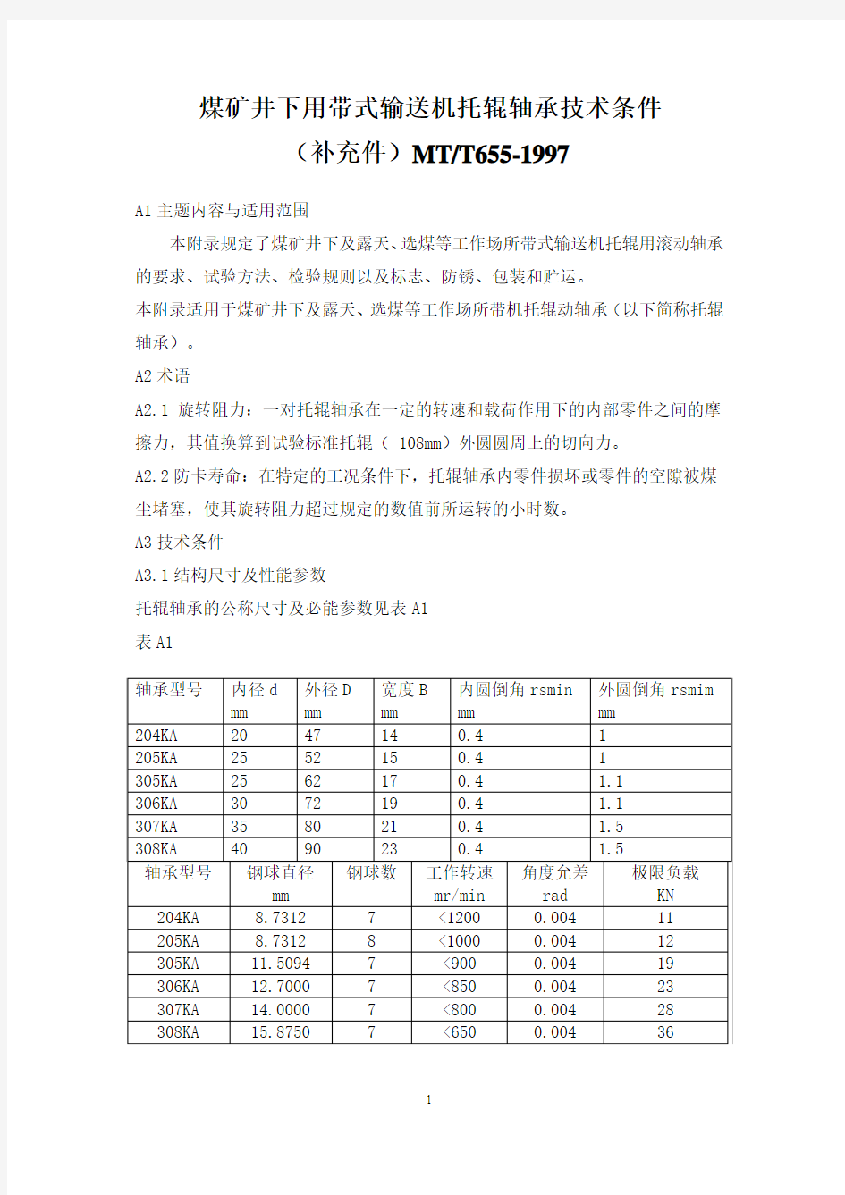 MTT655煤矿用带式输送机托辊轴承技术条件