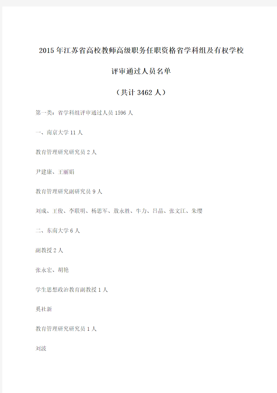 2015年江苏省高校教师高级职务任职资格学科组评审结果公示