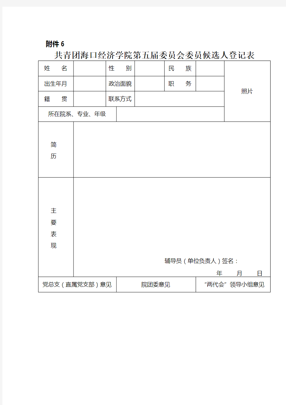 共青团委员会委员候选人登记表