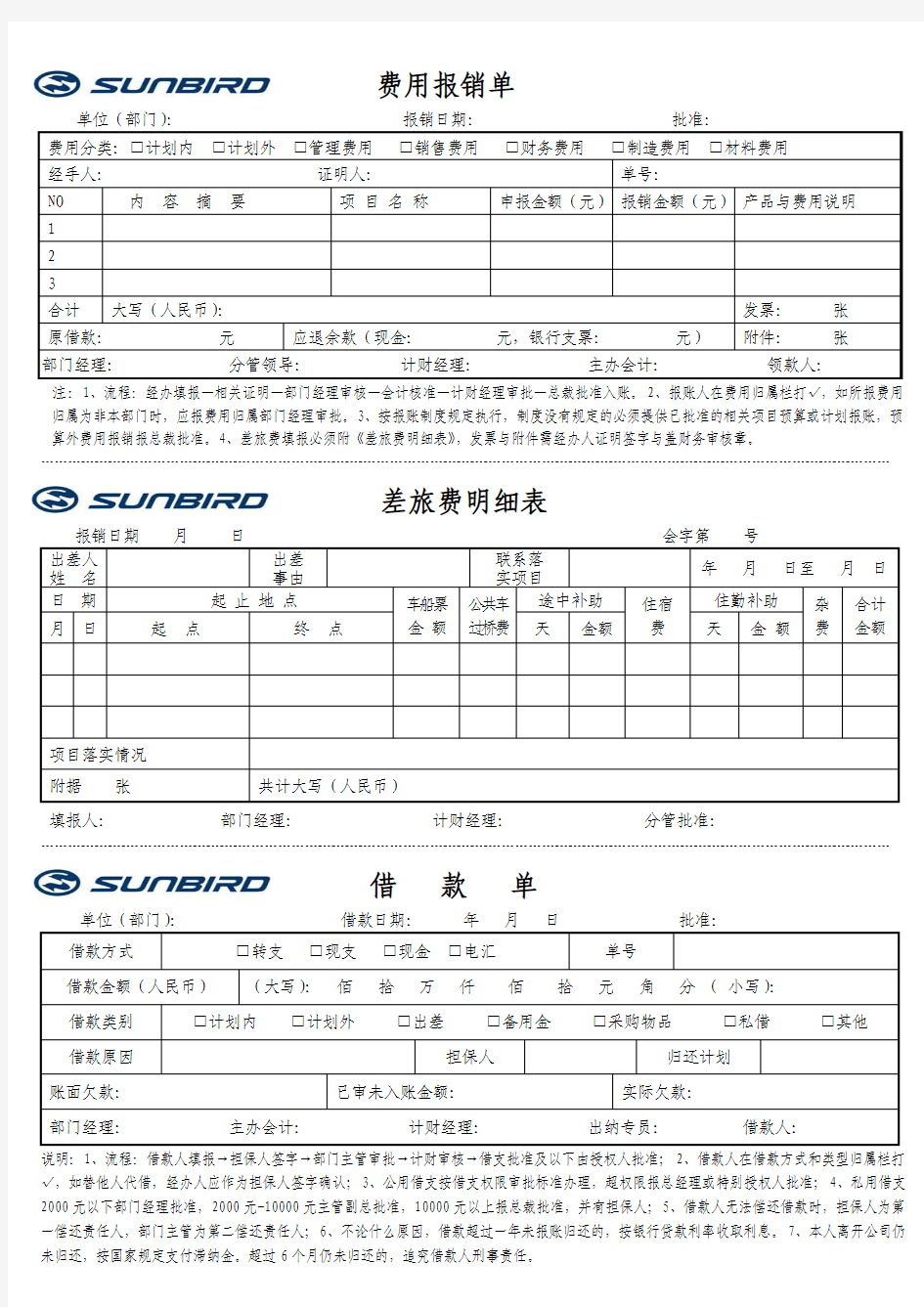费用报销单、差旅费明细表、借款单