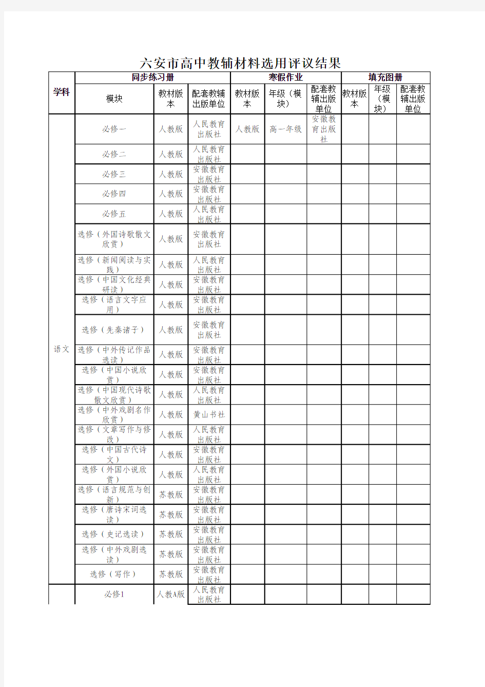 六安市中小学教材版本