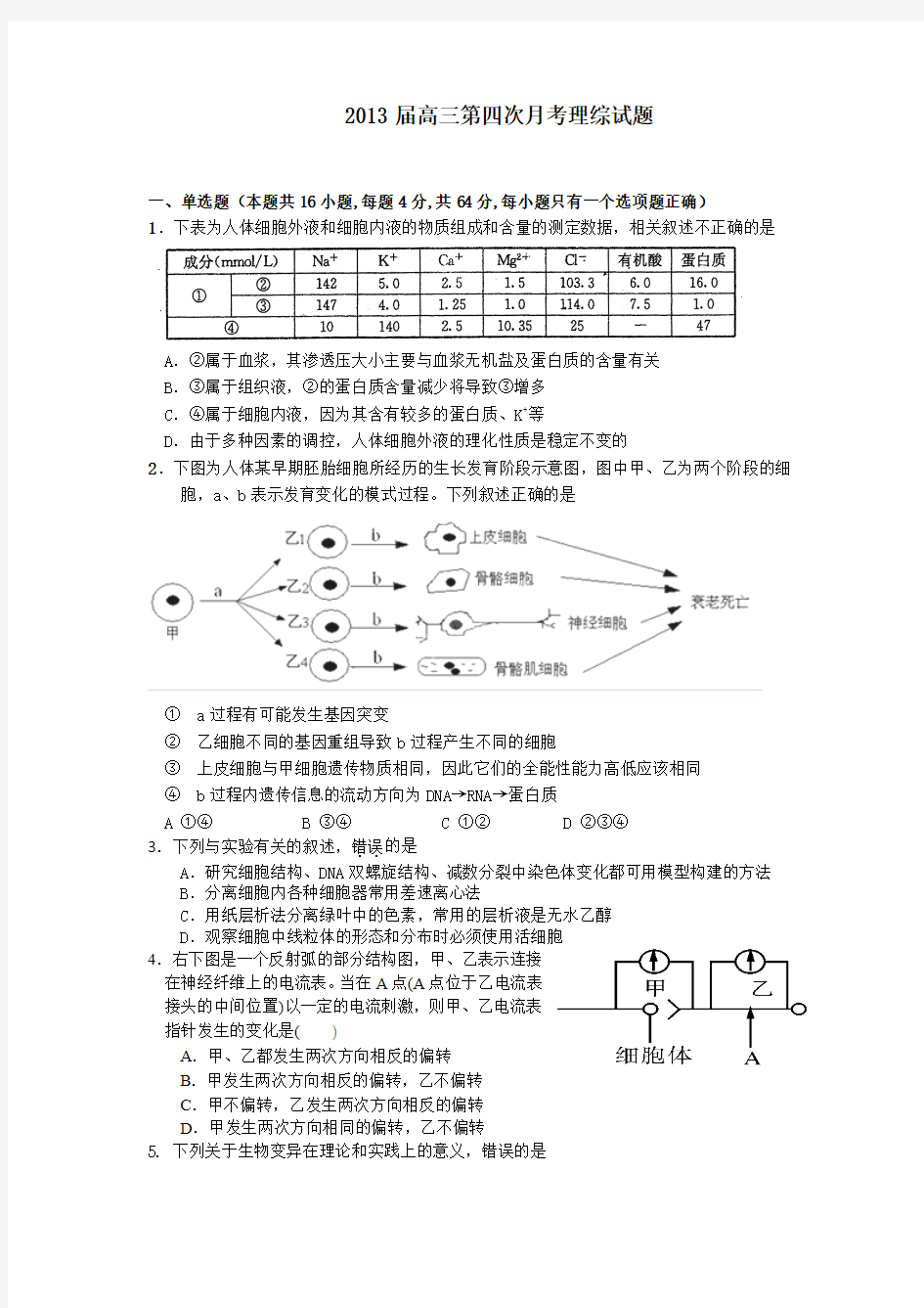 广东省陆丰市碣石中学2013届高三上学期第四次月考理综试题