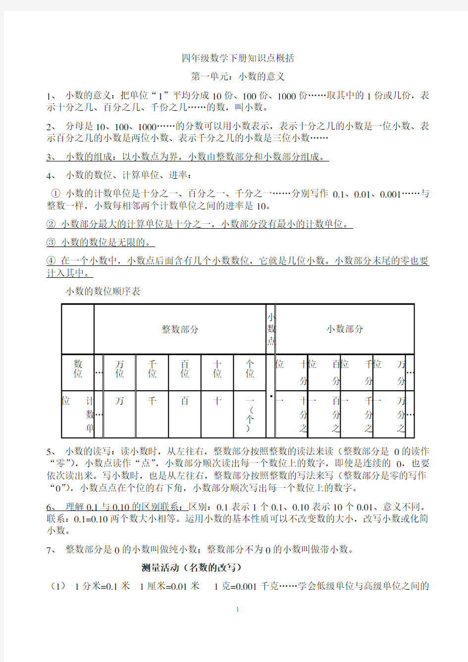 北师大版四年级数学下册知识点概括复习