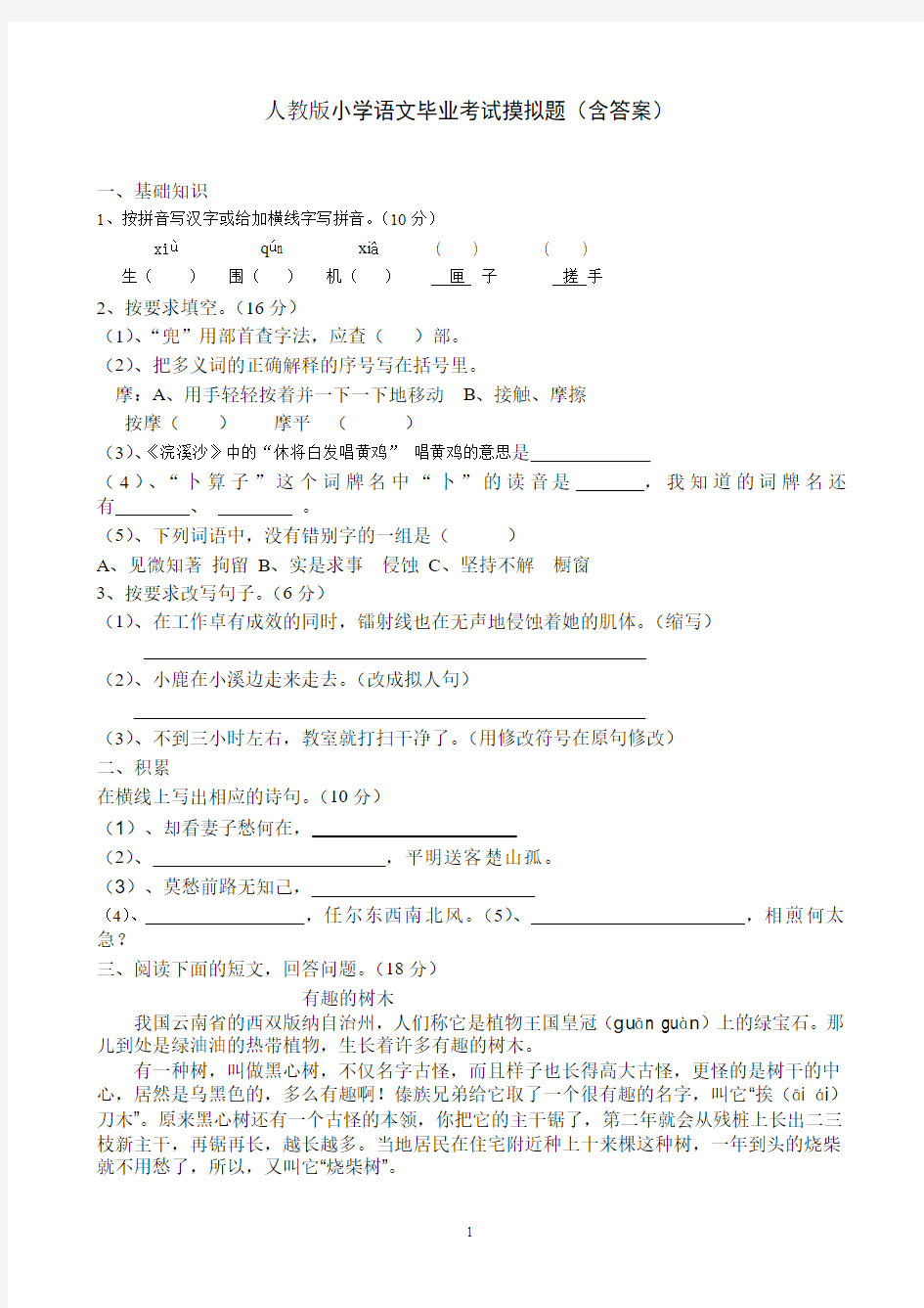 2013年人教版小学语文毕业模拟试题(含答案)9.doc2