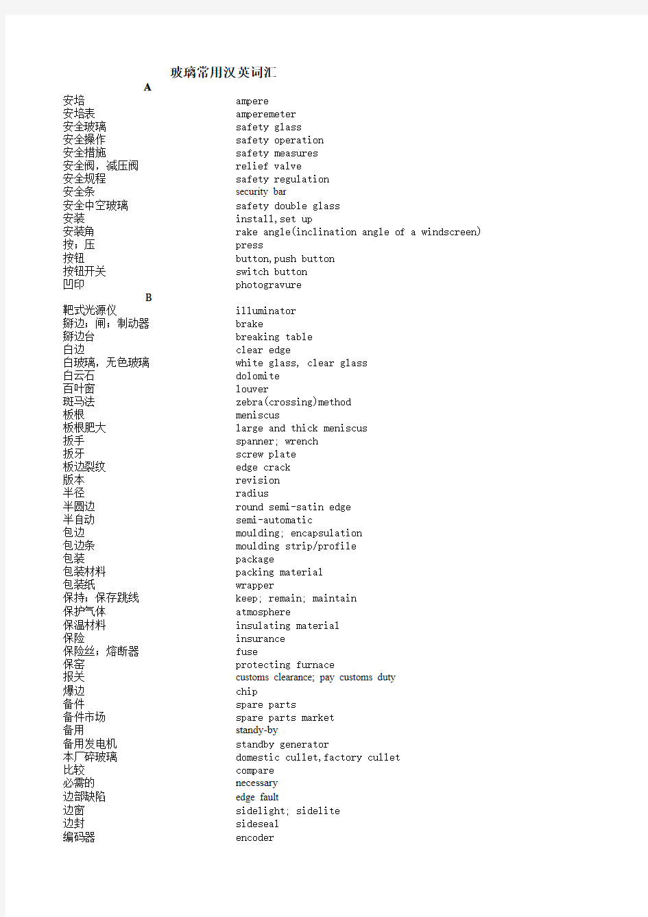 玻璃常用英语中英对照表