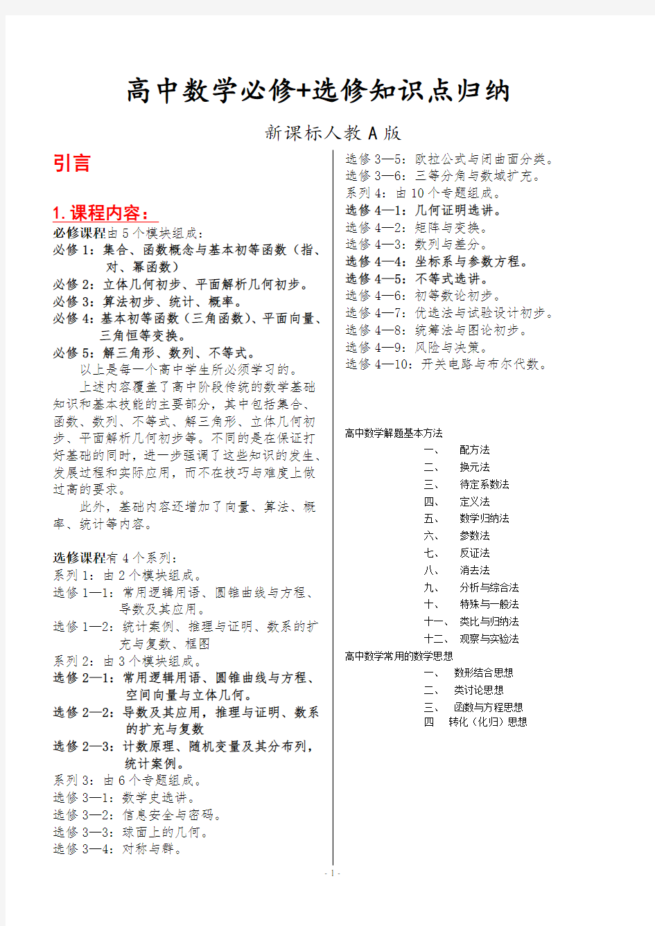 高中数学必修+选修全部知识点精华归纳总结