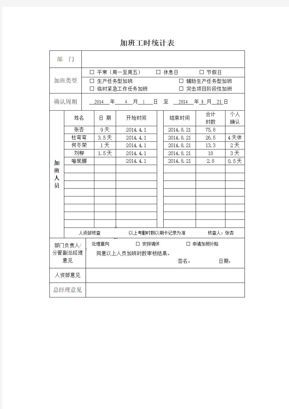 加班工时统计表