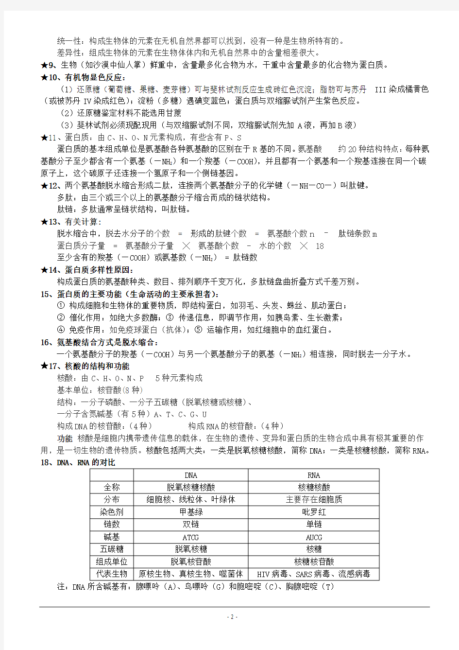 高中生物必修一《分子与细胞》复习提纲