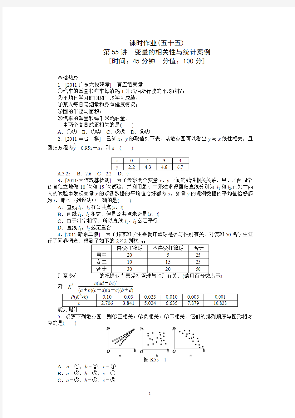 2013届高考理科数学一轮复习课时作业(55)变量的相关性与统计案例