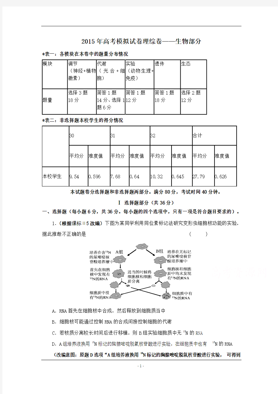 浙江省杭州市2015年高考模拟命题比赛高三生物18