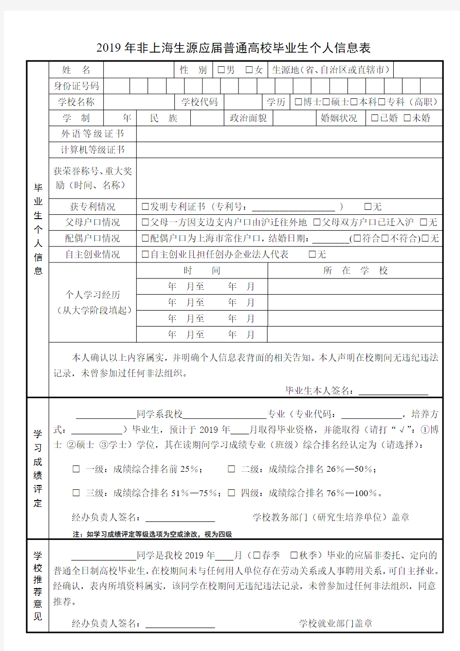 2019年非上海生源应届普通高校毕业生个人信息表