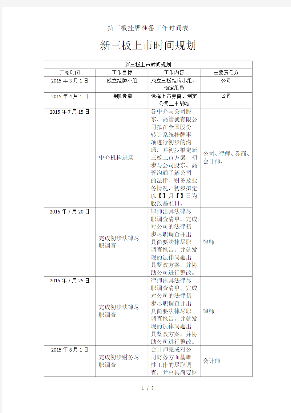 新三板挂牌准备工作时间表