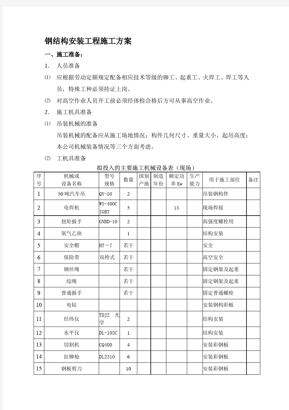 钢结构安装工程施工方案