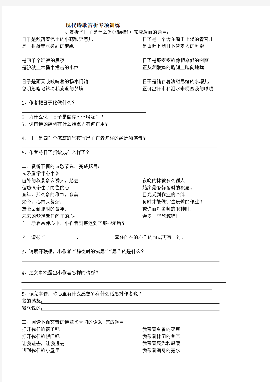 09中考语文现代诗歌赏析专项训练