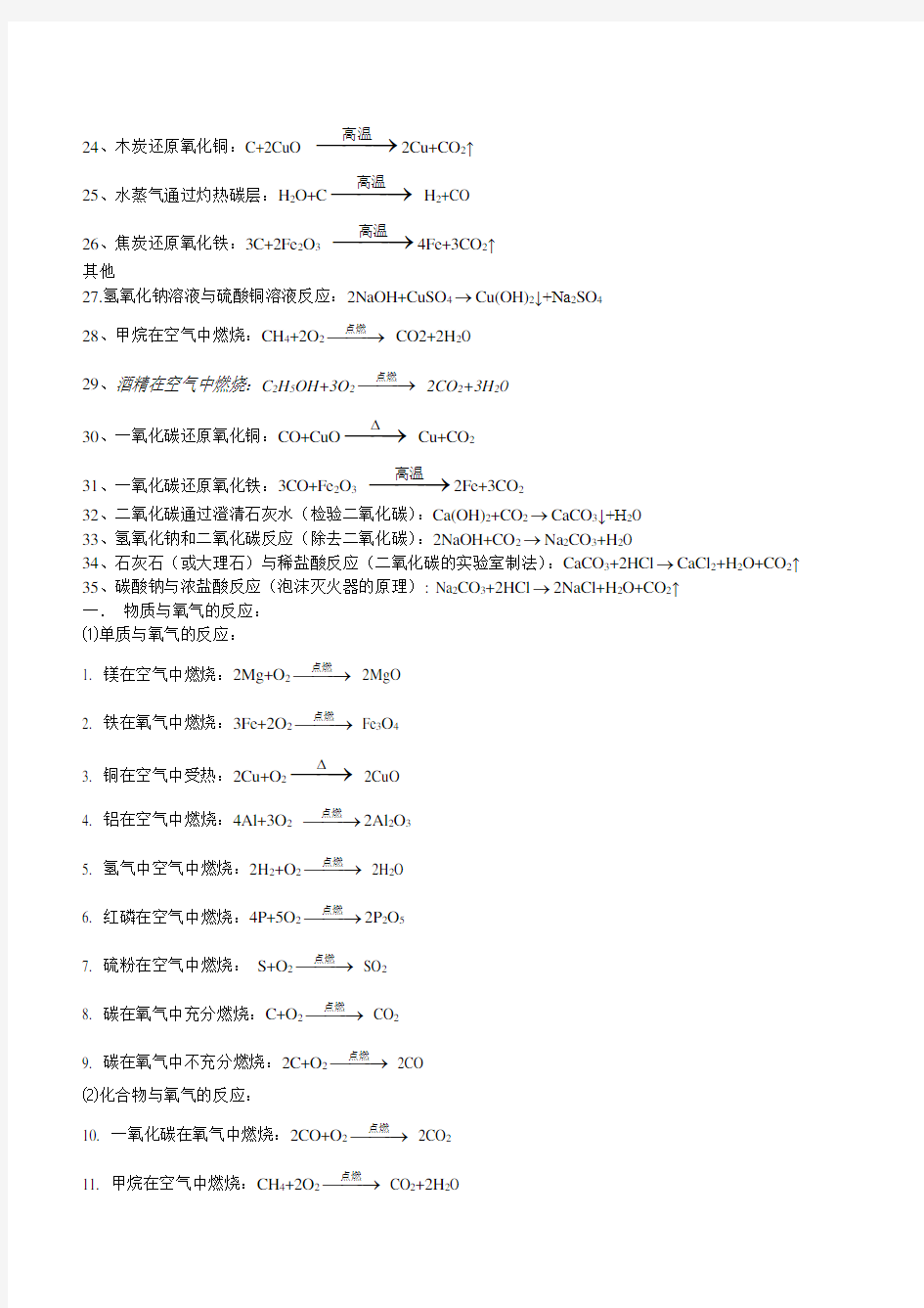 (完整版)上海版初中化学方程式大全