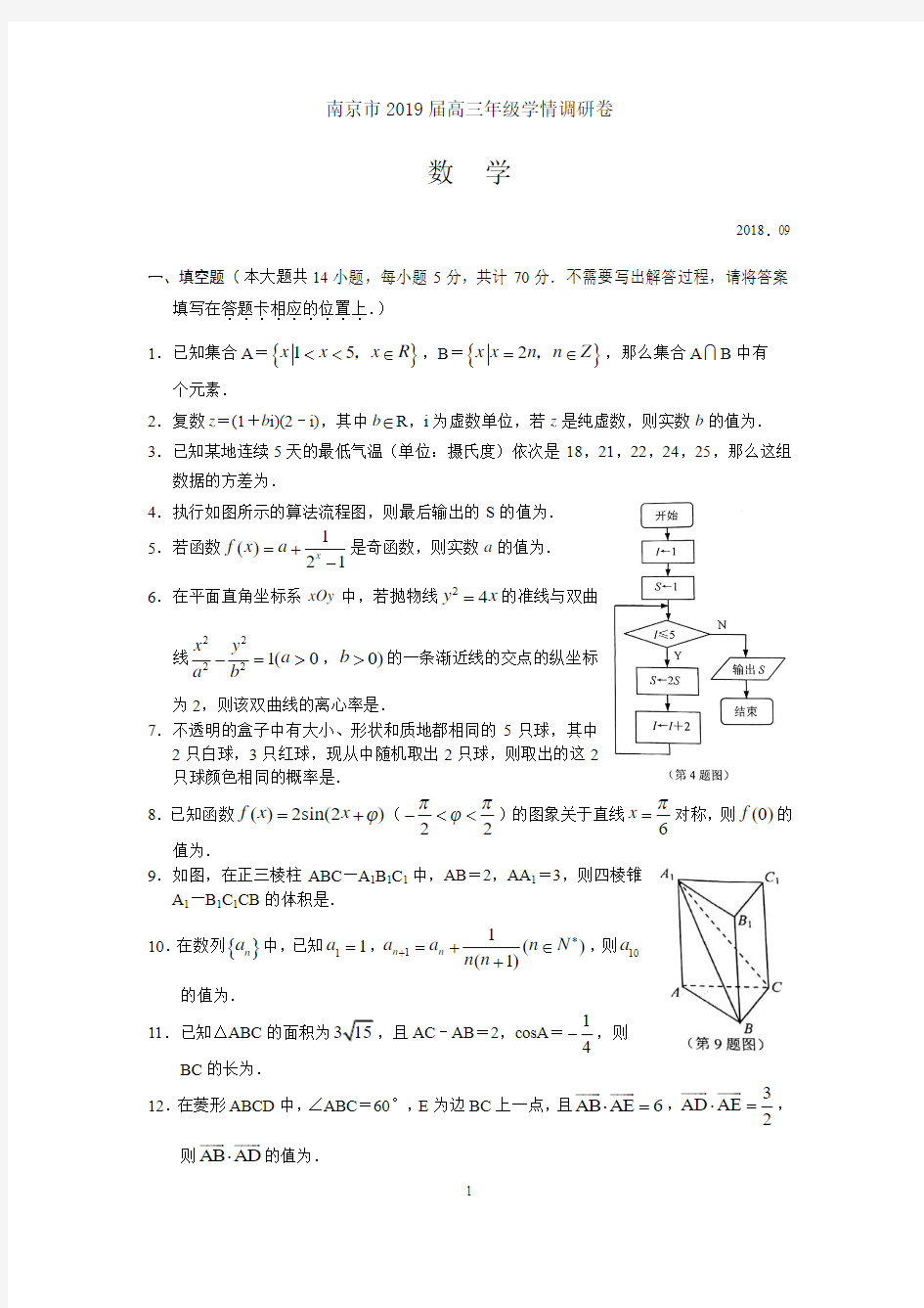 江苏南京市2019届高三年级学情调研卷(数学)