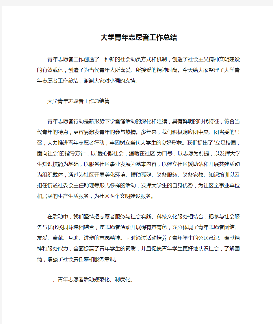  大学青年志愿者工作总结