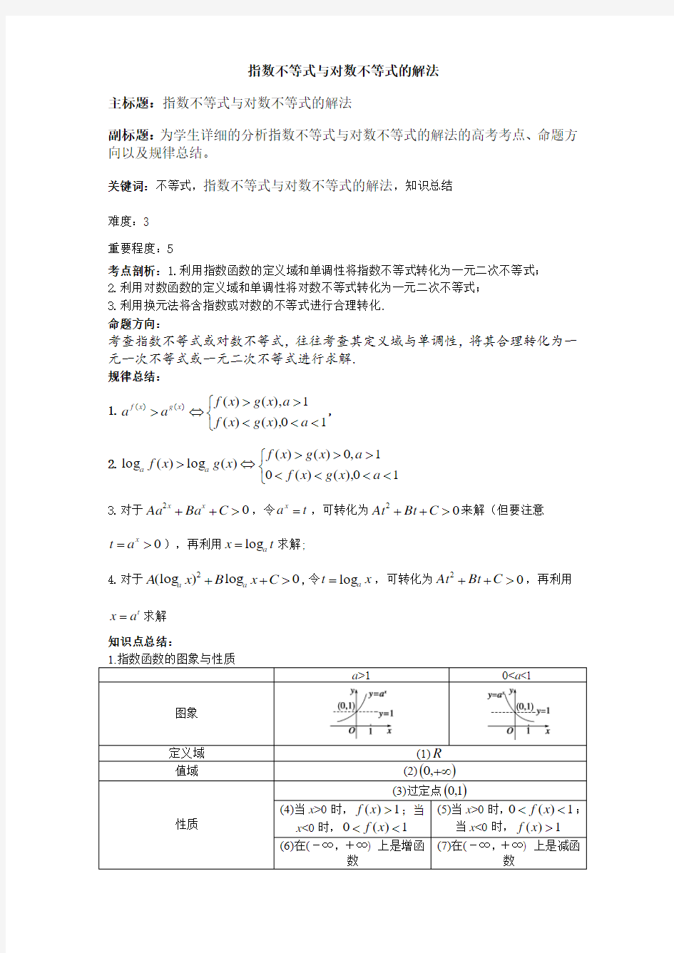 指数不等式与对数不等式 2019高考绝密资料