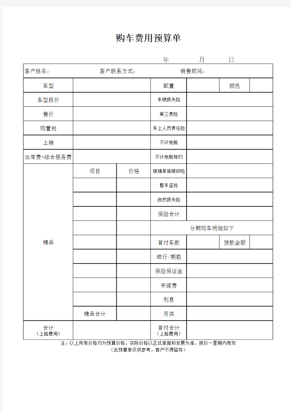 购车费用预算单