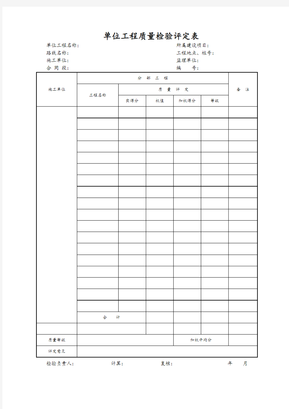 单位工程质量检验评定表
