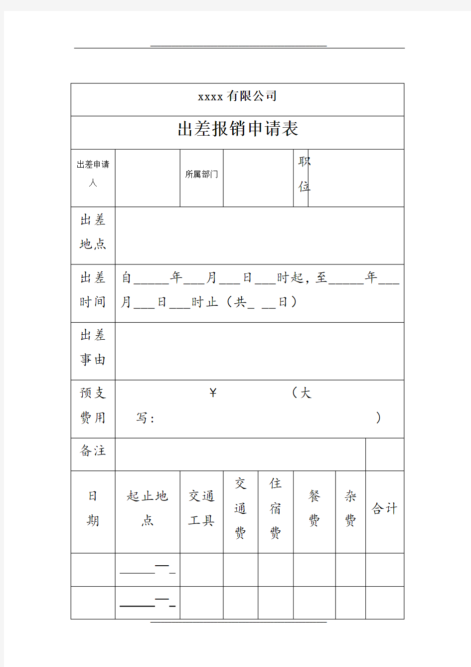 出差报销申请表