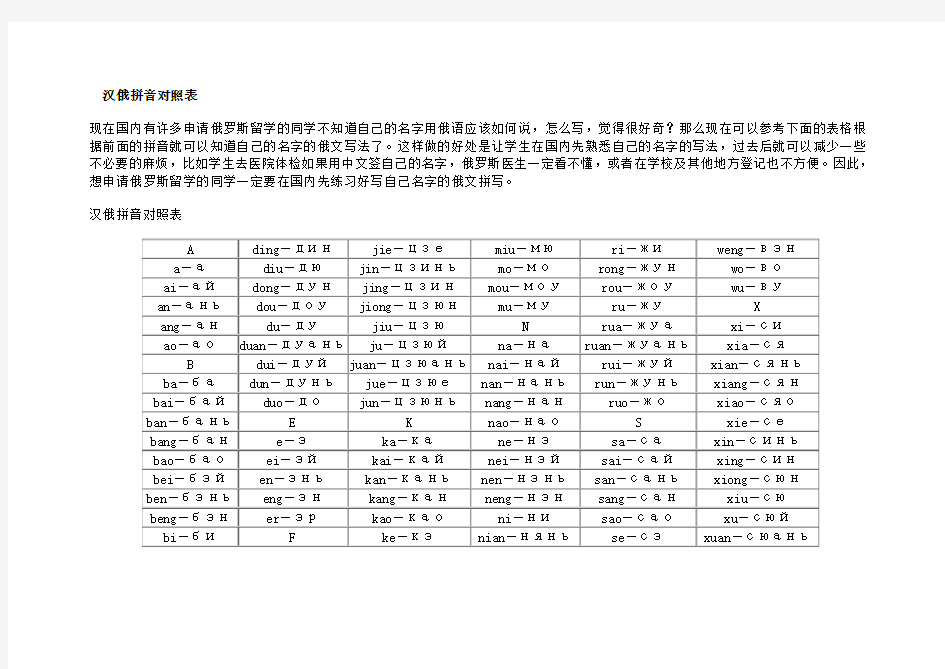 中文姓名的俄语拼音对照表