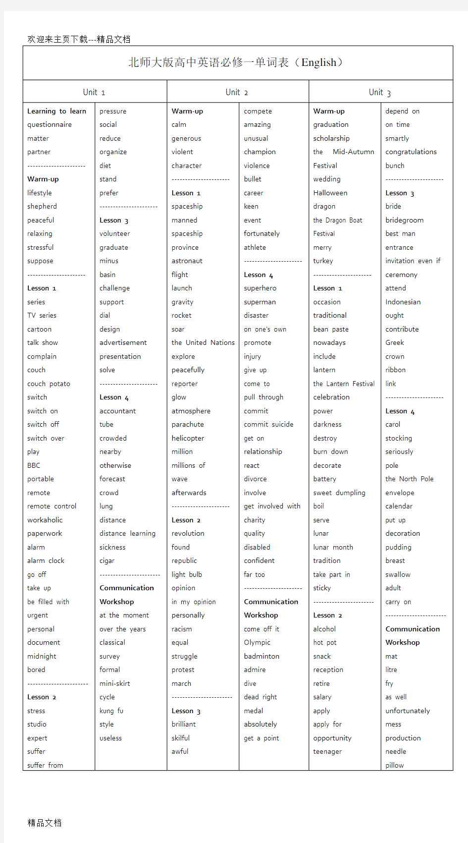 最新北师大版高中英语必修一单词表