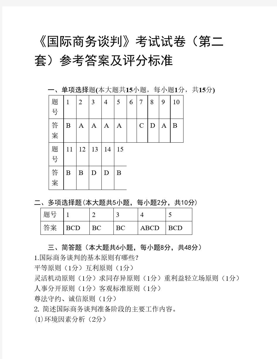 国际商务谈判试题2答案