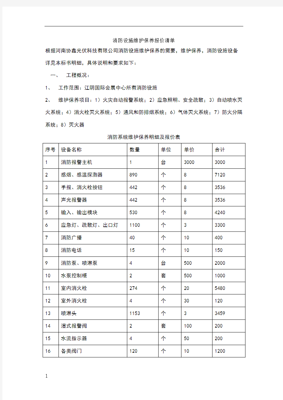 消防设施维护保养报价清单