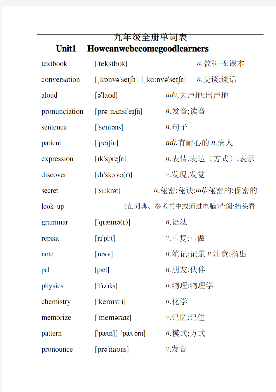 2015年人教版九年级英语单词表