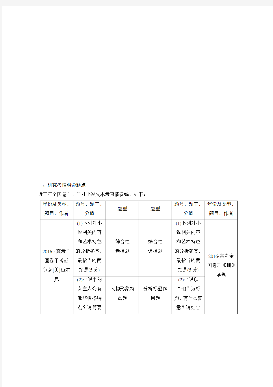 高考语文一轮复习 专题 小说阅读