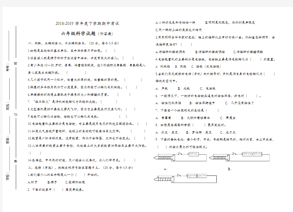 2019年青岛版六年级科学下册期中测试题及答案