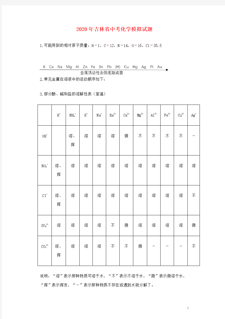 吉林省2020年中考化学模拟试题