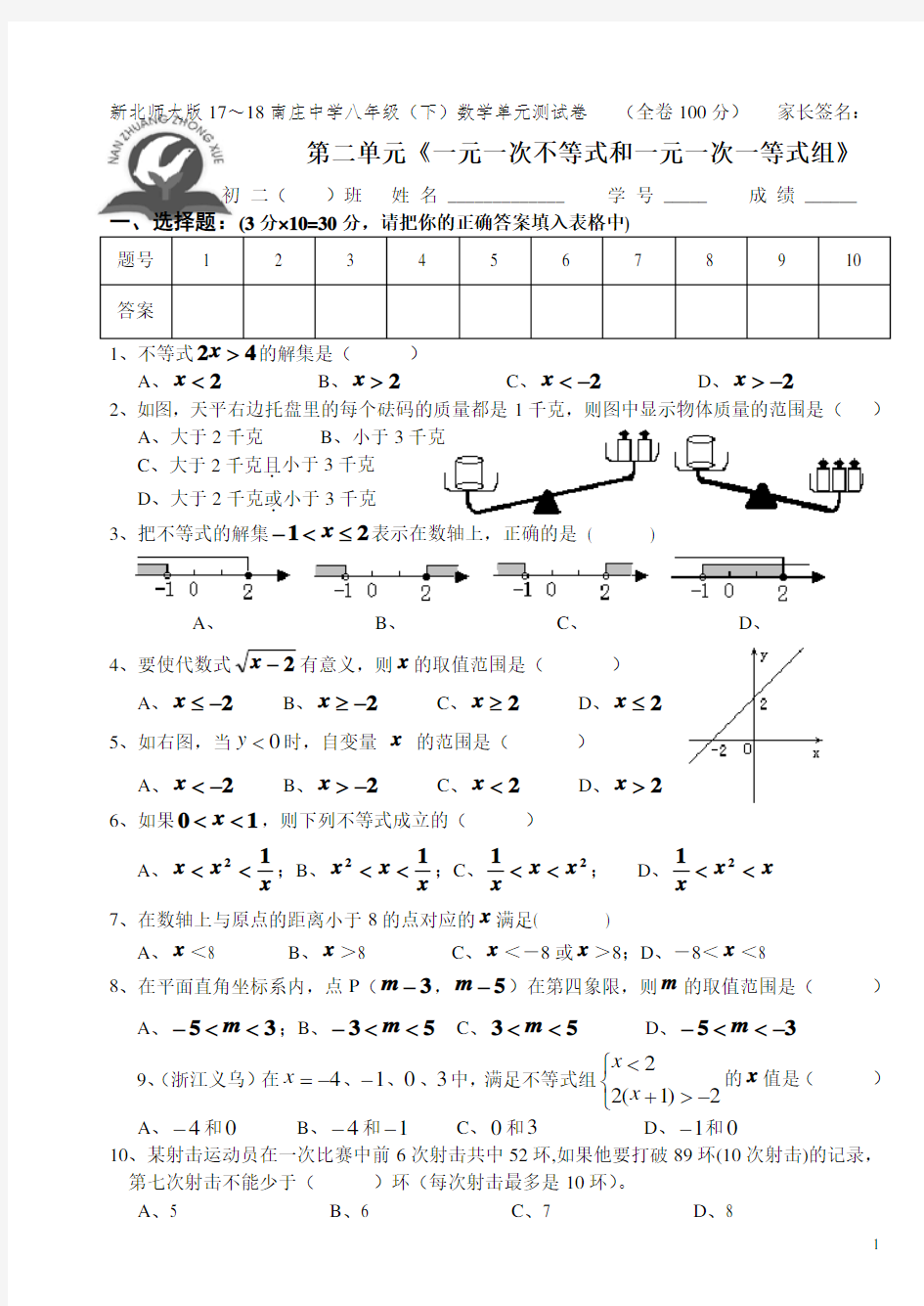 第二章 一元一次不等式(组) 测试题(含答案)