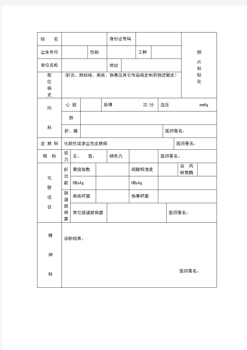 药店从业人员体检表