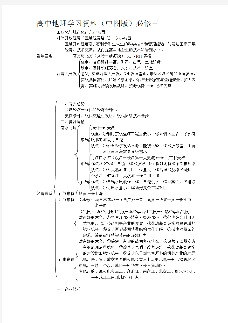 (完整版)高中地理必修三知识点总结、知识框架