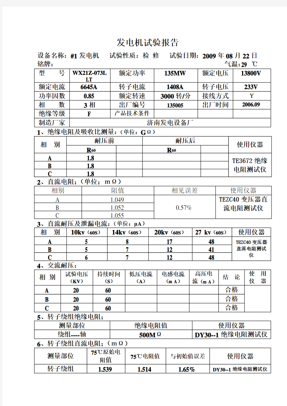 发电机试验报告