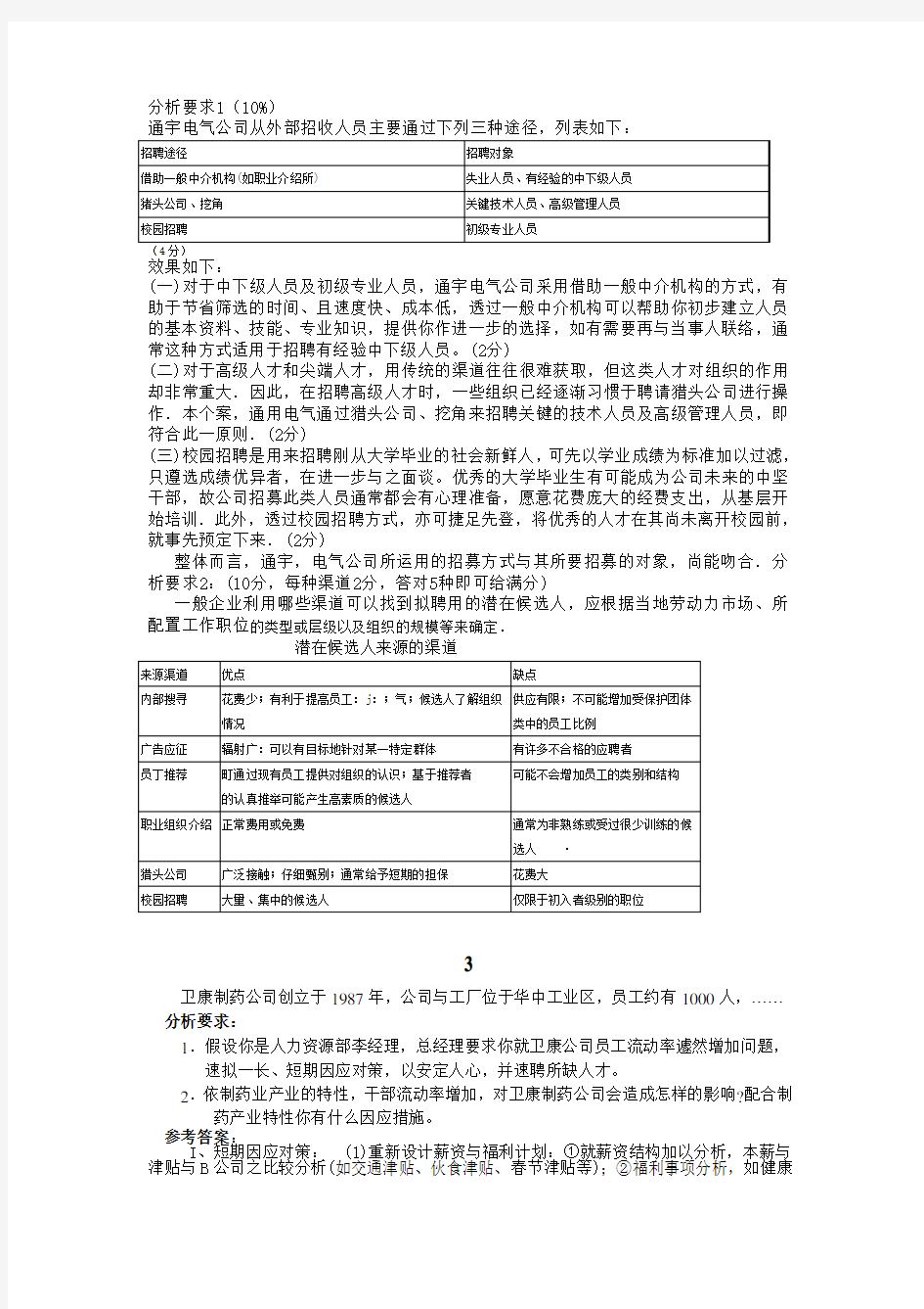 招聘与配置案例复习资料题目答案(人力师)