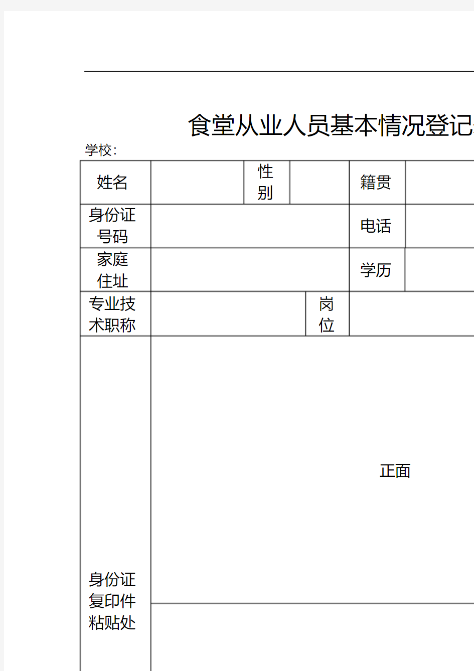 食堂从业人员基本情况登记表模板